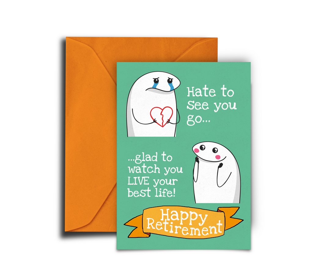 Retirement card with cartoon characters and text on a green background with an orange envelope.