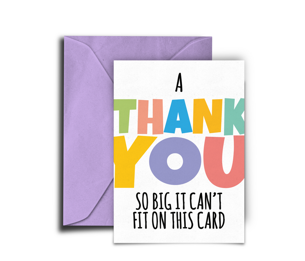 Colorful 'Thank You' card with a purple envelope on a white background