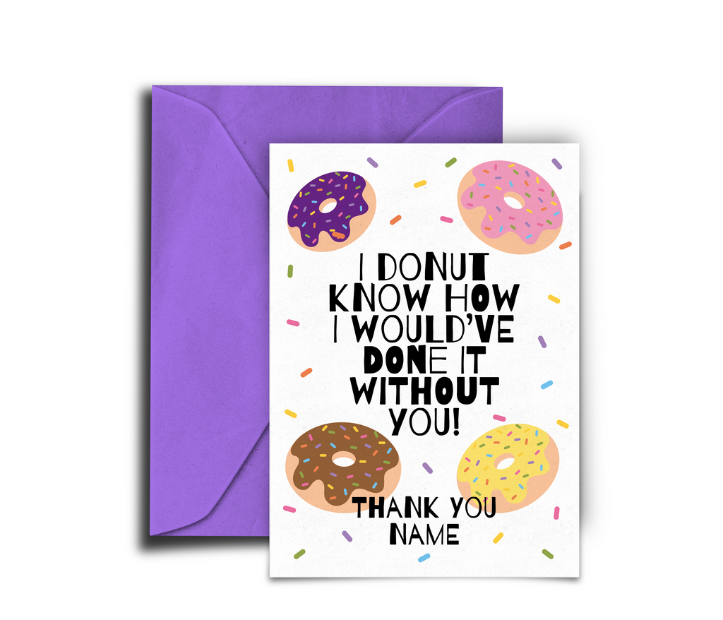 Greeting card with colorful donut illustrations and a purple envelope on a white background