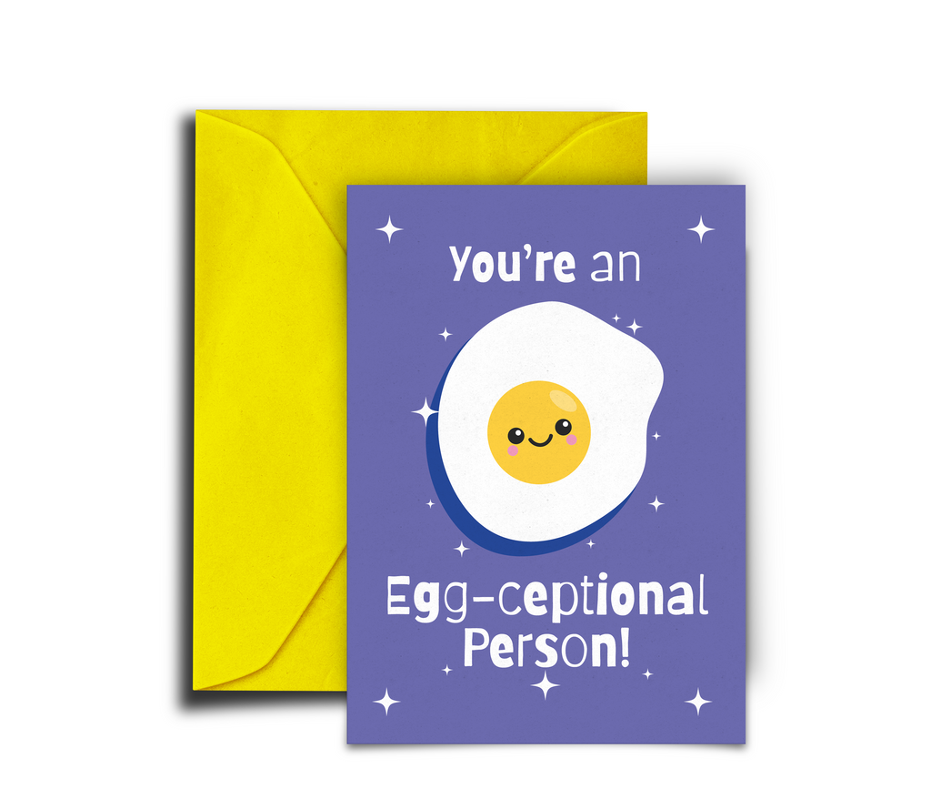 Greeting card with a smiling egg illustration and text 'You're an Egg-ceptional Person!' on a purple background with a yellow envelope.
