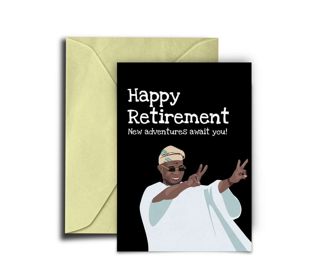 Retirement card with a person in a white robe and sunglasses, giving peace signs, on a black background.