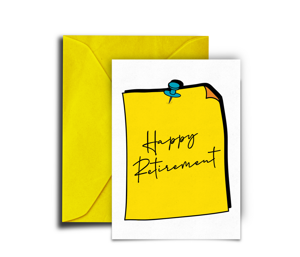 Greeting card with 'Happy Retirement' text on a yellow background, paired with a yellow envelope.