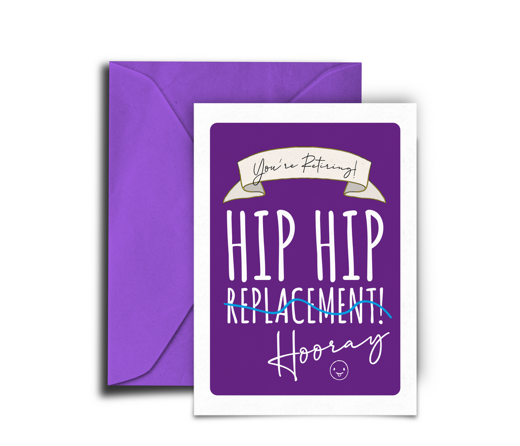 Purple card with humorous retirement message and matching purple envelope on a white background
