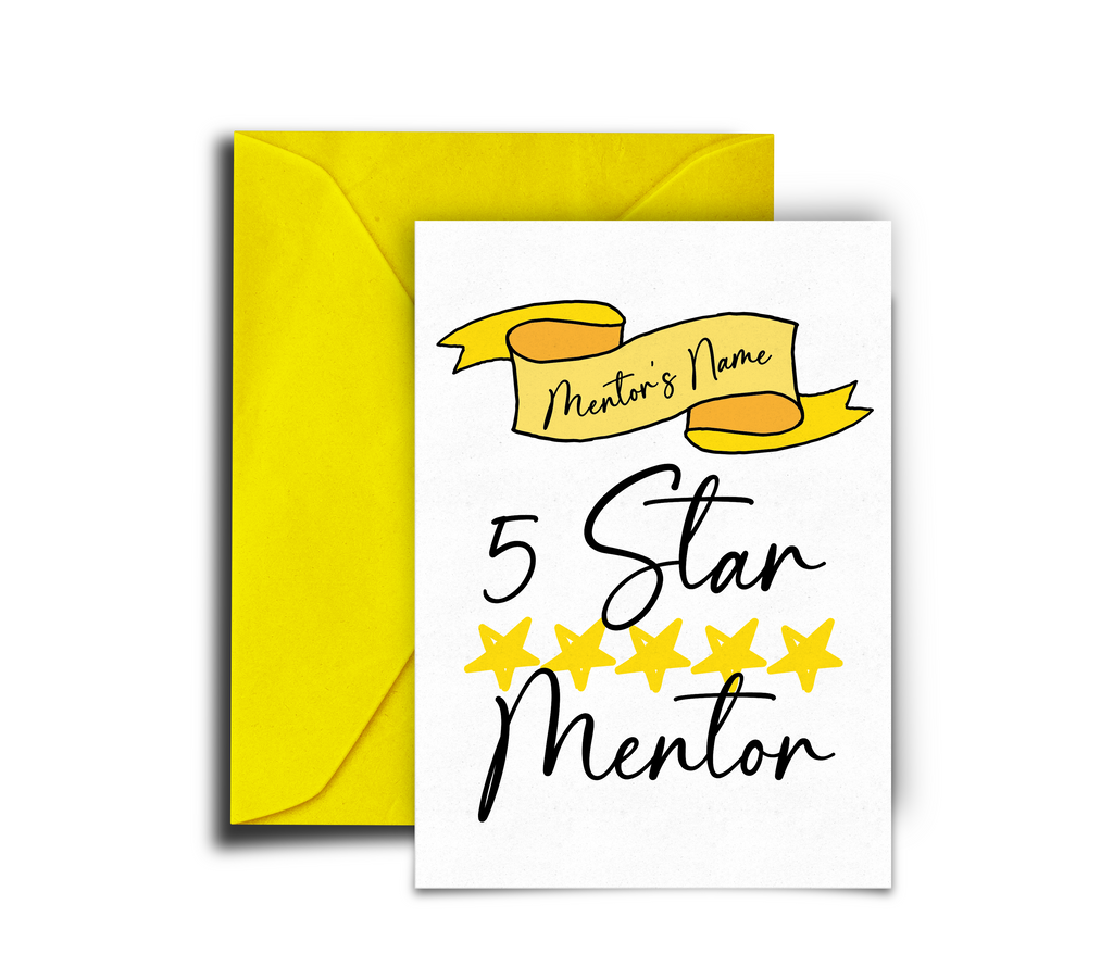 Mentor rating Card with '5 Star Mentor' text and yellow stars, featuring a yellow envelope on a white background.