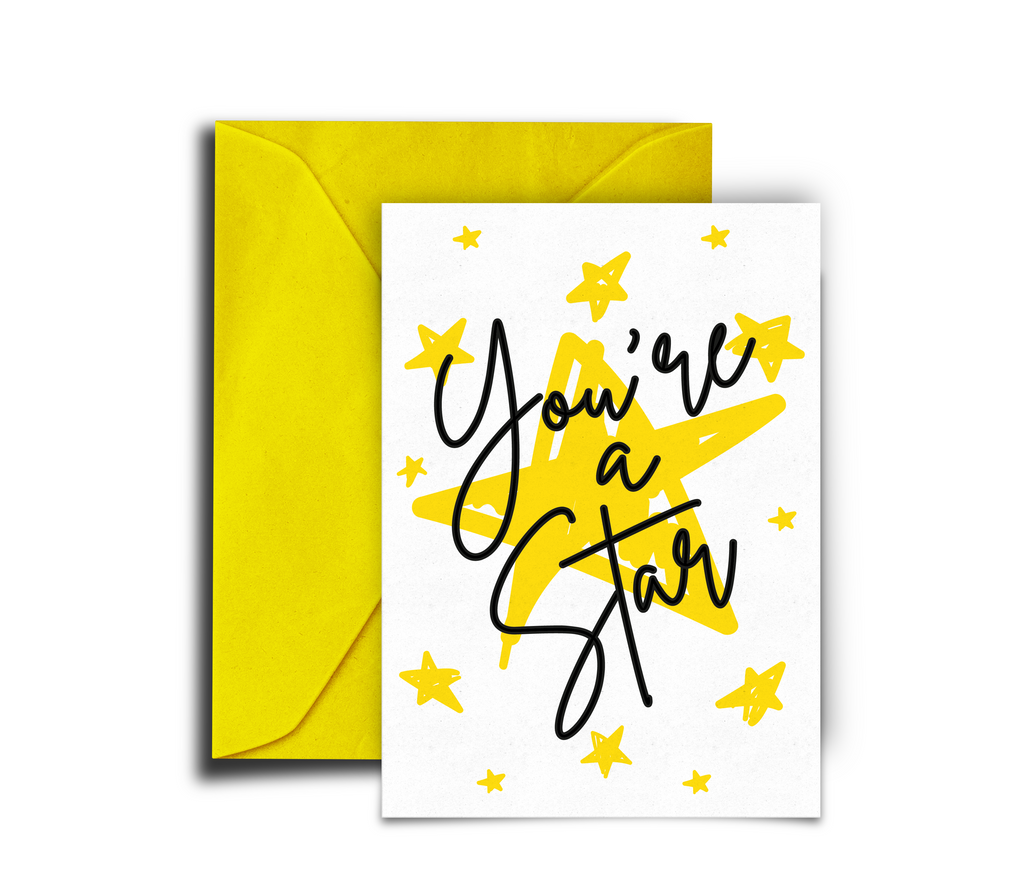 Greeting card with 'You're a Star' text and yellow stars, accompanied by a yellow envelope on a white background.