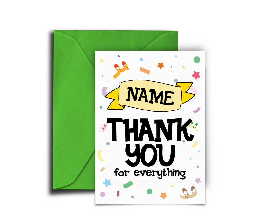 Greeting card with 'Thank you for everything' text and a green envelope on a white background