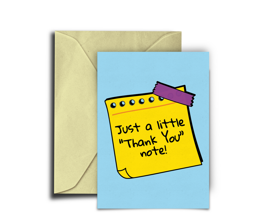 Greeting card with a yellow notepad illustration and 'Just a little Thank You note!' text, accompanied by a beige envelope on a white background.