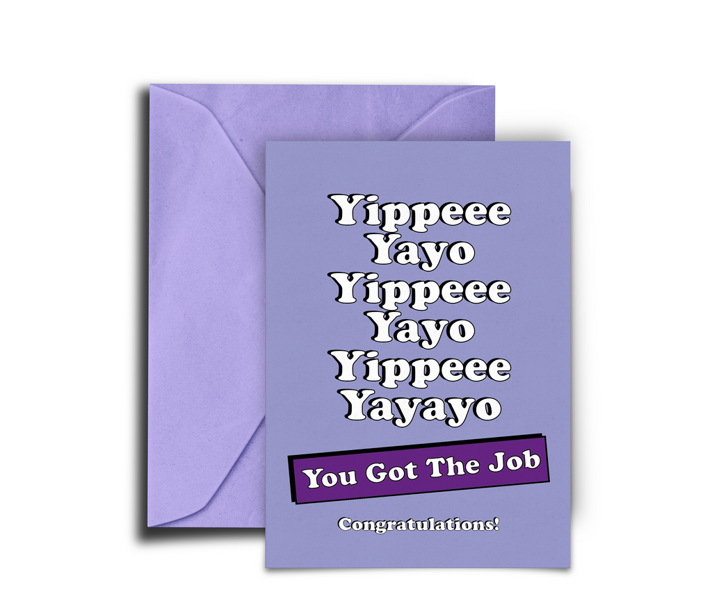 Purple greeting card with 'Yippee Yayo' text and a purple envelope on a white background